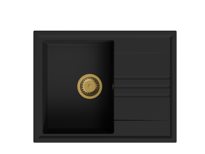 GraniteMy Vesi évier en granit noir à encastrer 64x50cm avec égouttoir réversible et bouchon doré 1208967296