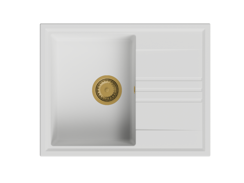 GraniteMy Vesi évier en granit à poser blanc 64x50cm avec égouttoir réversible avec bouchon doré (laiton brossé) 1208967300