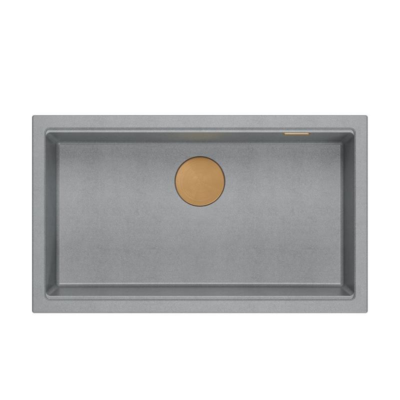 Quadri Newport II grand et profond évier en granit, montage en surface et sous-plan, couleur gris, dimensions 76x45cm, avec bouchon en cuivre 1208967314