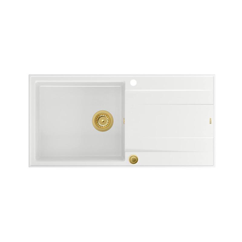 Quadri Luton évier à poser en granit blanc avec égouttoir réversible 100x50cm avec bouchon doré 1208967319