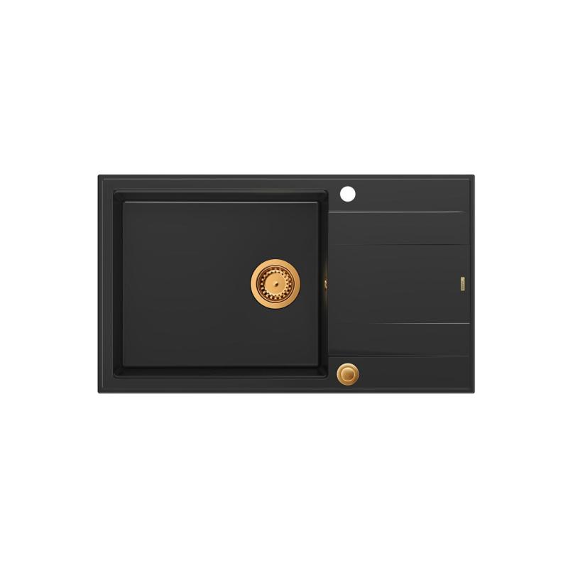 Quadri Luton évier à poser en granit noir avec égouttoir réversible 86x50cm avec bouchon en cuivre 1208967326