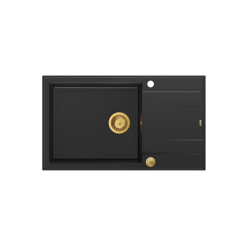 Quadri Luton évier à poser noir en granit avec égouttoir réversible 86x50cm avec bonde dorée 1208967327