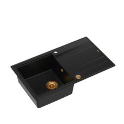 Quadri Luton évier à poser en granit noir avec égouttoir réversible 86x50cm avec bouchon en cuivre 1208967337