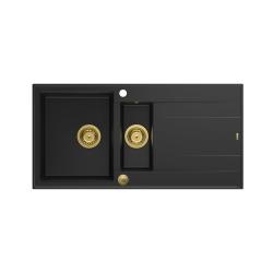 Quadri Luton évier à poser en granit noir 1,5 bac avec égouttoir réversible 100x50cm avec bonde dorée 1208967346