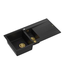 Quadri Luton évier à poser en granit noir 1,5 bac avec égouttoir réversible 100x50cm avec bonde dorée 1208967346