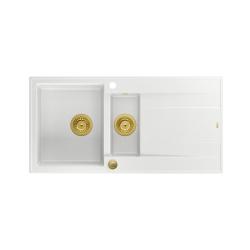 Quadri Luton évier en granit blanc à poser 1,5 bac avec égouttoir réversible 100x50cm avec bonde dorée 1208967348