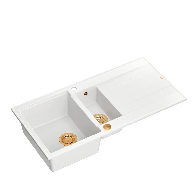 Quadri Luton évier en granit blanc 1,5 bac avec égouttoir réversible 100x50cm avec bouchon en cuivre 1208967349