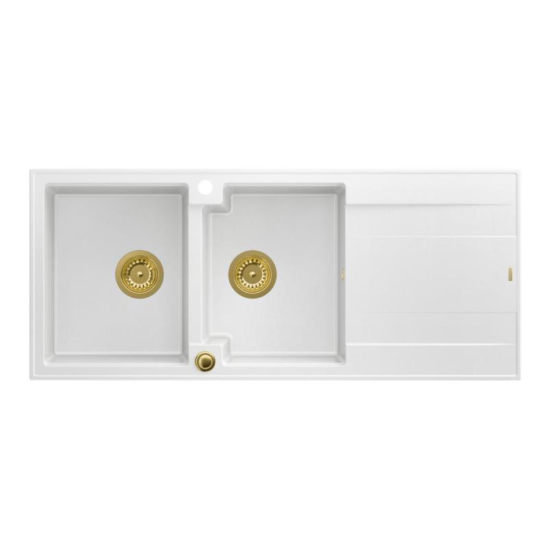 Quadri Luton évier double en granit blanc avec égouttoir 116x50 cm avec bonde dorée 1208967358
