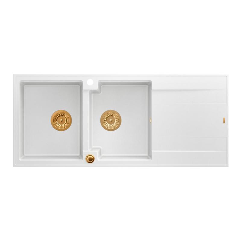 Quadri Luton évier double encastrable en granit blanc avec égouttoir 116x50 cm avec bouchon en cuivre 1208967359