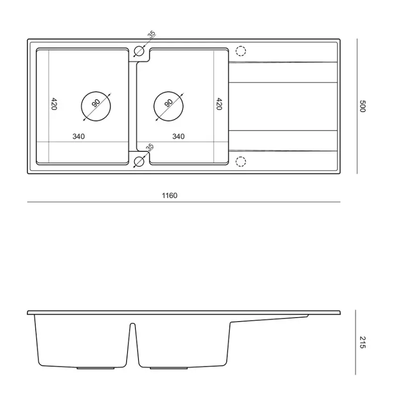 Quadri Luton évier double encastré en granit gris avec égouttoir 116x50 cm avec bouchon en inox 1208967360
