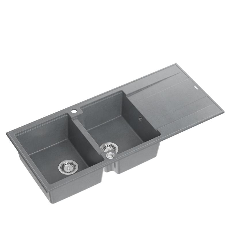 Quadri Luton évier double encastré en granit gris avec égouttoir 116x50 cm avec bouchon en inox 1208967360