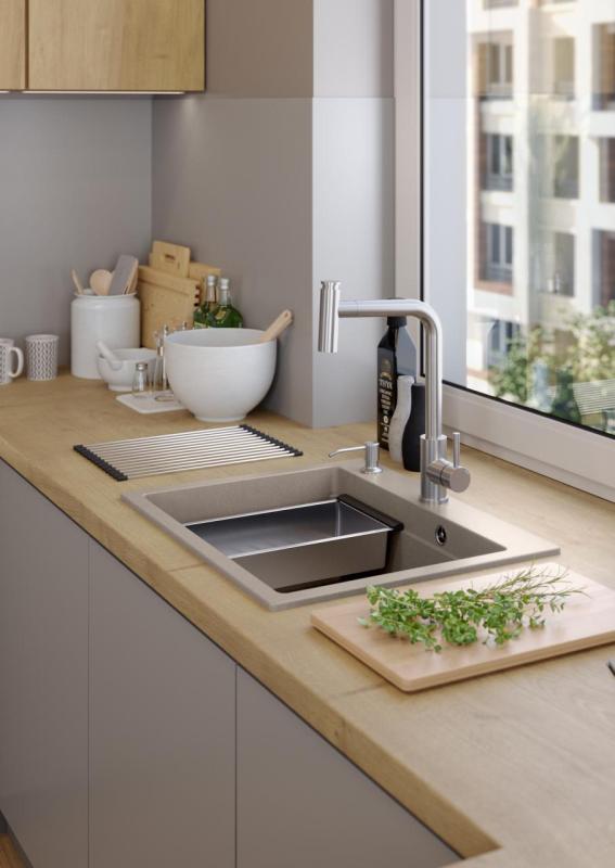 Quadri Durham taupe granit évier de montage 595x500 avec distributeur de savon, planche à découper, bac d'insertion et tapis roulant 1208967376