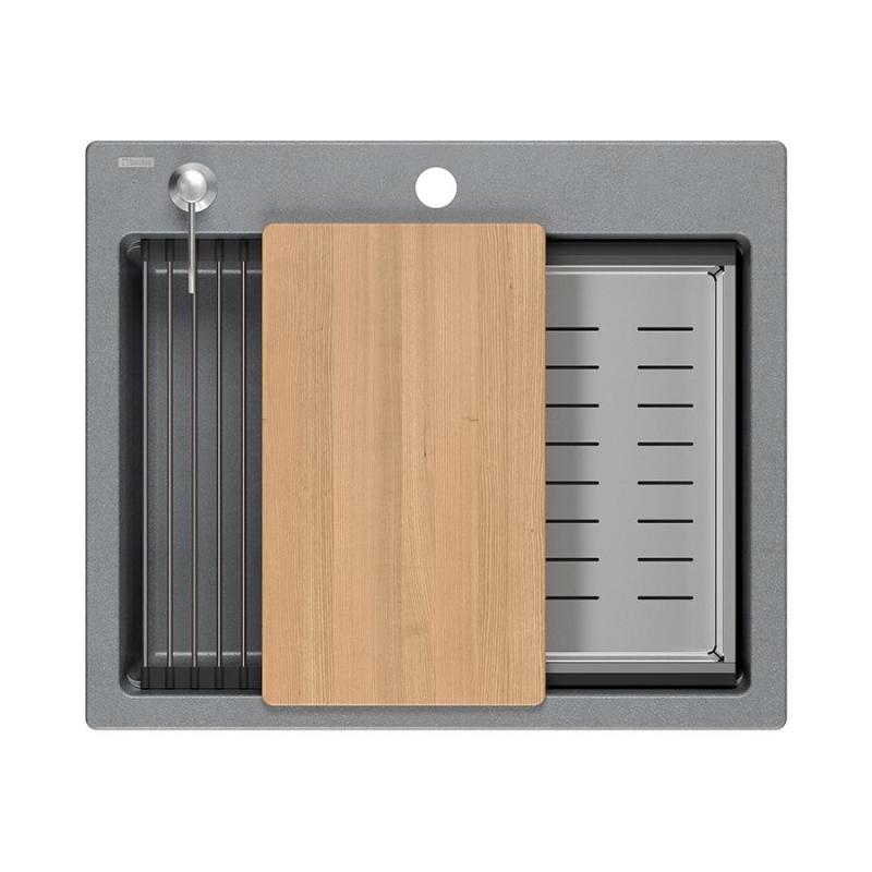 Quadri Durham évier en granit gris à poser 595x500 avec distributeur de savon, planche à découper, bac d'insertion et tapis roulant 1208967378