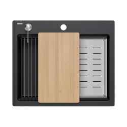 Quadri Durham granit anthracite évier à poser 595x500 avec distributeur de savon, planche à découper, bac d'insertion et tapis roulant 1208967379