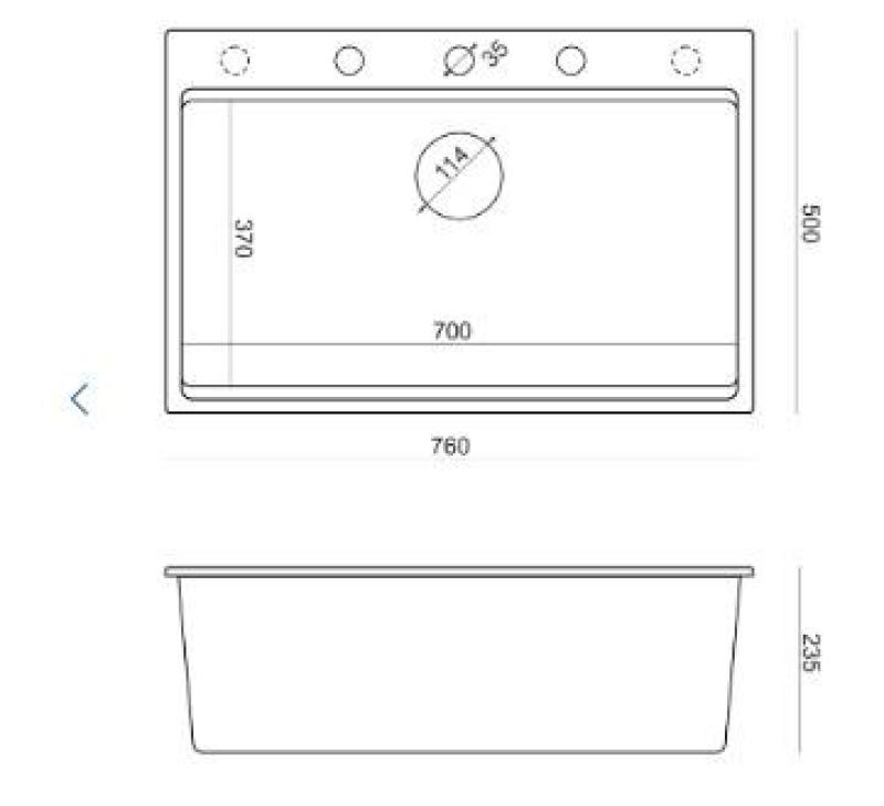 Quadri Hard Rock évier à poser en granit noir mat, grande cuve 76x50cm, y compris bonde en cuivre et accessoire 1208967423