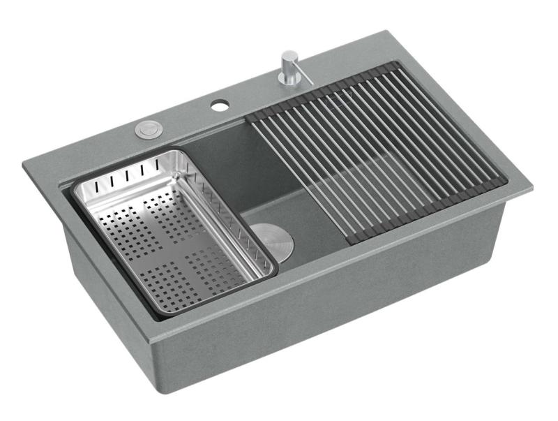 Quadri Hard Rock évier à poser en granit gris grande cuve 76x50cm inclus bouchon en inox et accessoires 1208967430