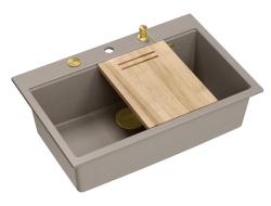 Quadri Hard Rock taupe granit montage grande évier 76x50cm incluant bouchon doré et accessoires 1208967436