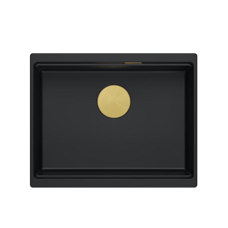 Quadri Newport II évier sous-plan en granit noir 560x450 mm avec bouchon et bonde dorés 1208967449