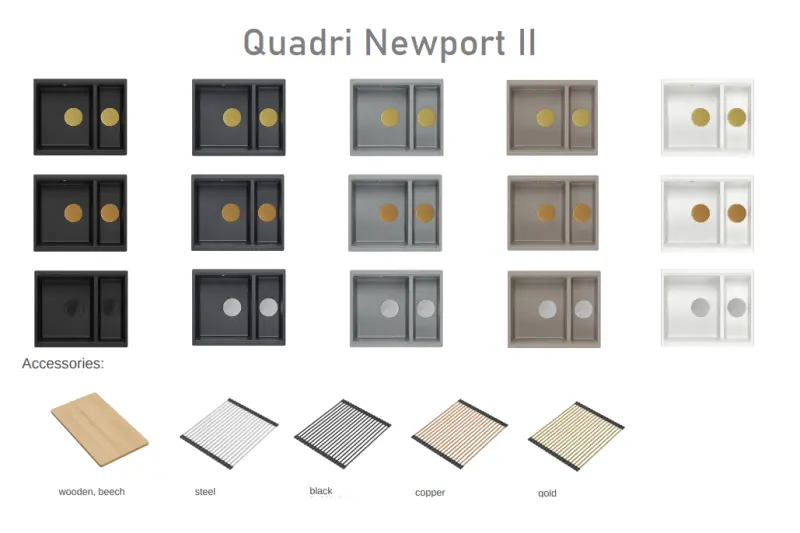 Quadri Newport II noir 1,5 bac en granit encastrable et sous-plan évier 555x460mm avec bonde dorée 1208967464