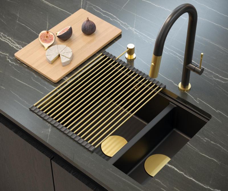 Quadri Newport II noir 1,5 bac en granit encastrable et sous-plan évier 555x460mm avec bonde dorée 1208967464