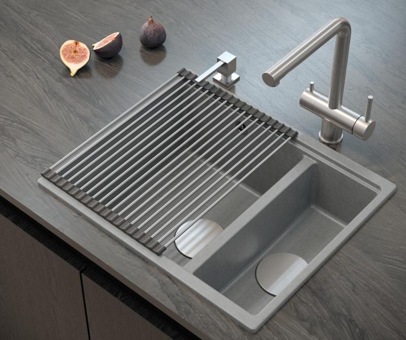 Quadri Newport II gris 1,5 cuve en granit montage en surface et sous-plan 555x460mm avec bouchon en inox 1208967469