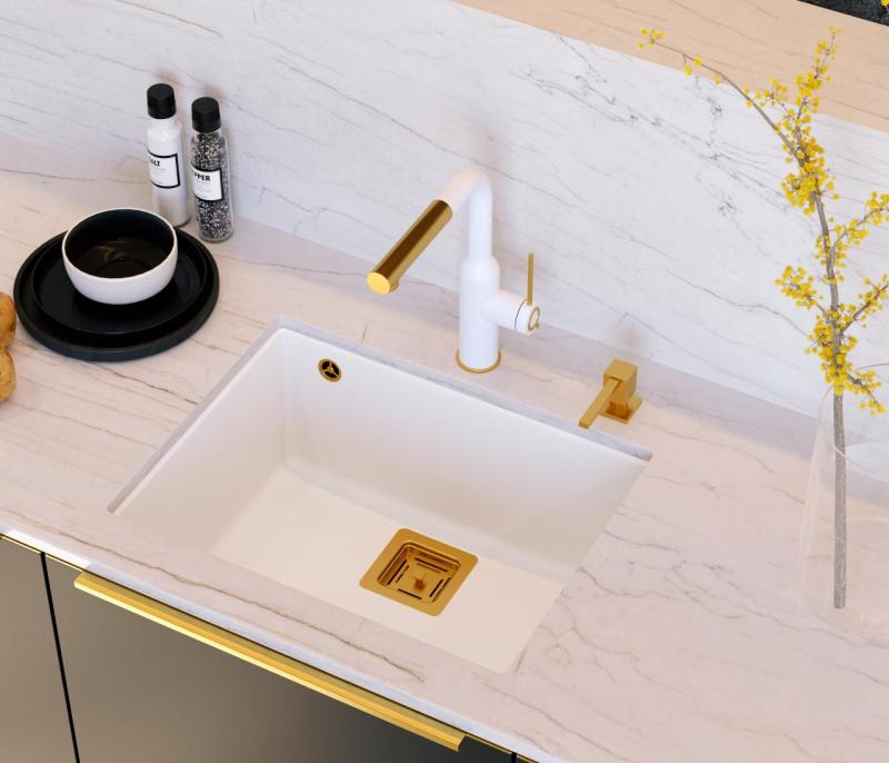 Quadri Quadrangle évier en granit blanc 55x42cm avec bouchon en cuivre 1208967478