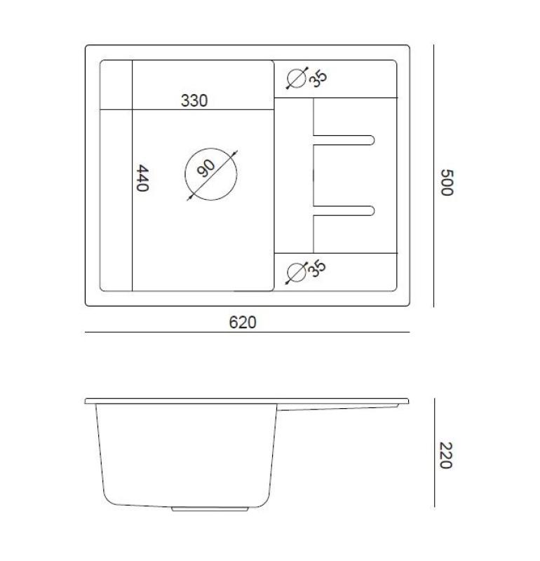 Quadri Dalton évier à poser en granit gris avec égouttoir 62x50cm avec bonde en inox 1208967492