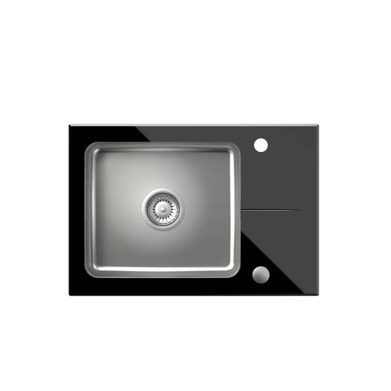 Ensemble Quadri Glazz avec robinet de cuisine et évier en inox avec égouttoir en verre noir 64x44cm réversible 1208967493