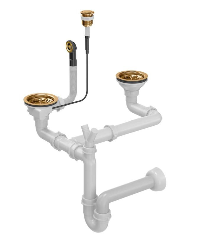 Quadri évacuation pour évier à double cuve en cuivre avec bouton poussoir pour ouverture, cuivre 1208967546