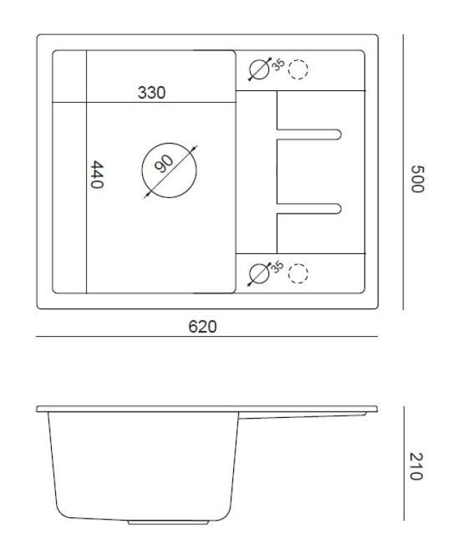 Évier à poser en granit anthracite Quadri Dalton avec égouttoir 62x50cm avec bonde dorée 1208967571