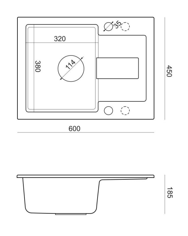 Quadri Sutton Évier en Granit Anthracite à Poser 60x45cm avec Égouttoir, Réversible avec Bonde Noire - 1208967586