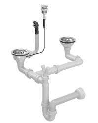 Évier double en inox Quadri avec ensemble de drainage et trop-plein, bouton poussoir en inox 1208967591.