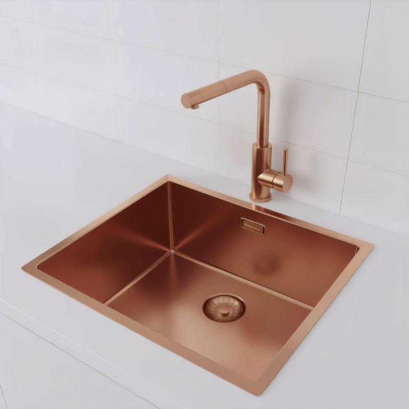Évier Pure.Sink Prestige 50x40 cm PVD Cuivre rayon de 10 mm sous-plan, à fleur et posé sur plan PPG5040-62.
