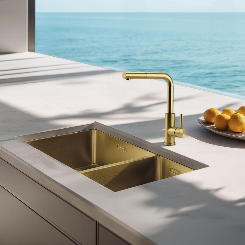 Robinet de cuisine Pure.Sink Elite Steel Spark-S en PVD or brossé avec bec rétractable PS8041-60