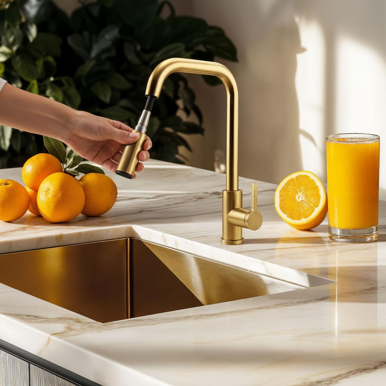 Robinet de cuisine Pure.Sink Elite Steel Crystal-S en PVD or brossé avec bec extensible PS8050-60