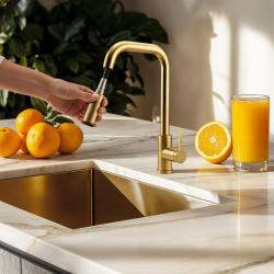 Robinet de cuisine Pure.Sink Elite Steel Crystal-S en PVD or brossé avec bec extensible PS8050-60