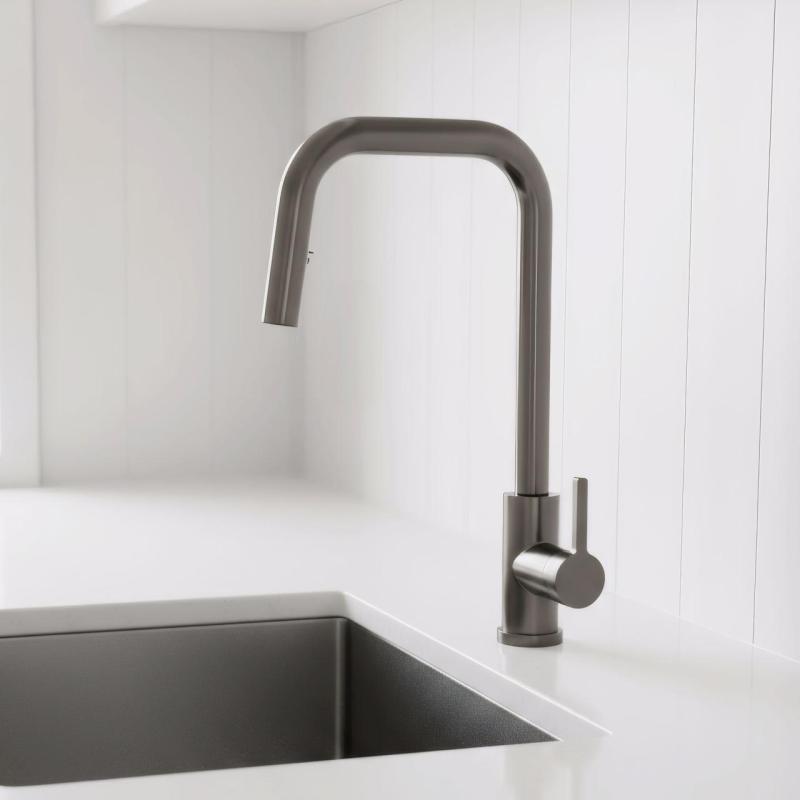 Robinet de cuisine Pure.Sink Elite Steel Crystal-S en acier PVD Gun metal avec bec extensible PS8050-61