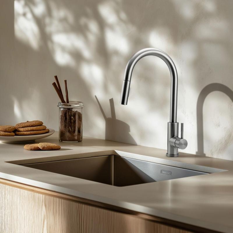 Robinet de cuisine Pure.Sink Elite Steel Stream-S en inox avec bec rétractable PS8045-02.