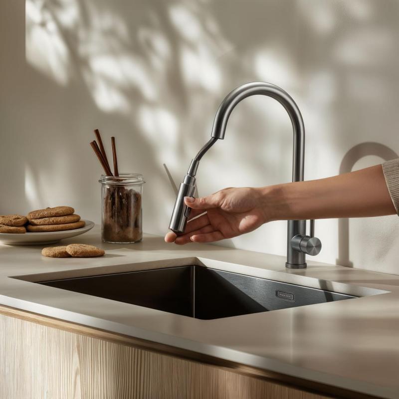 Robinet de cuisine Pure.Sink Elite Steel Stream-S en inox avec bec rétractable PS8045-02.