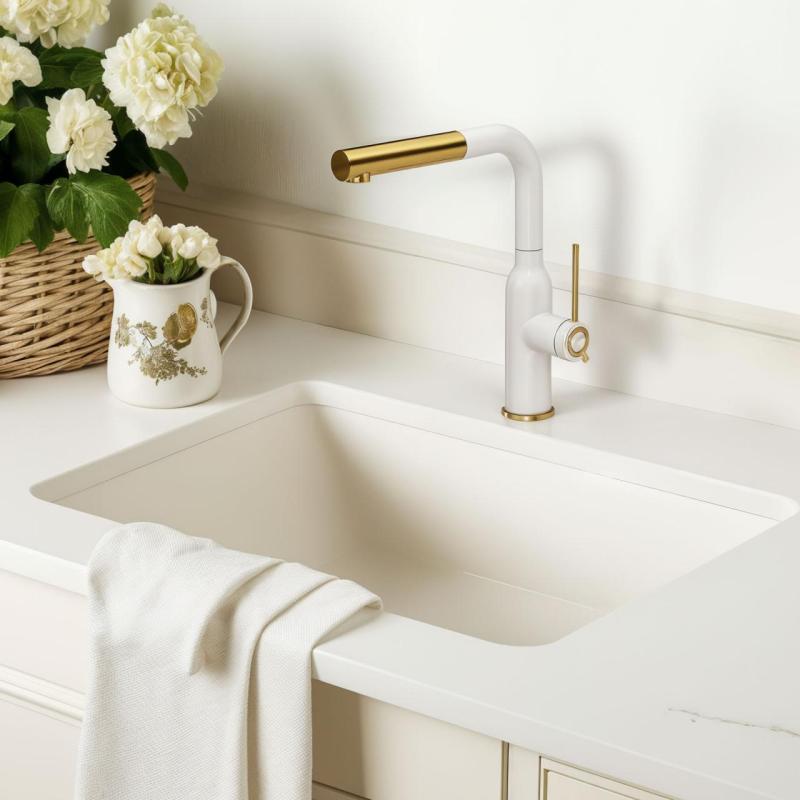 Quadri Stamford Robinet de Cuisine Blanc avec Finition Dorée PVD et Bec Extractible 1208967686