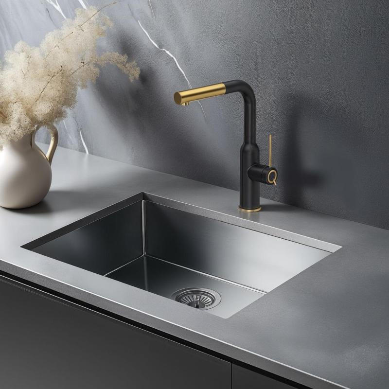 Quadri Stamford Mitigeur de Cuisine Noir avec Finition Or PVD et Douchette Extractible 1208967688