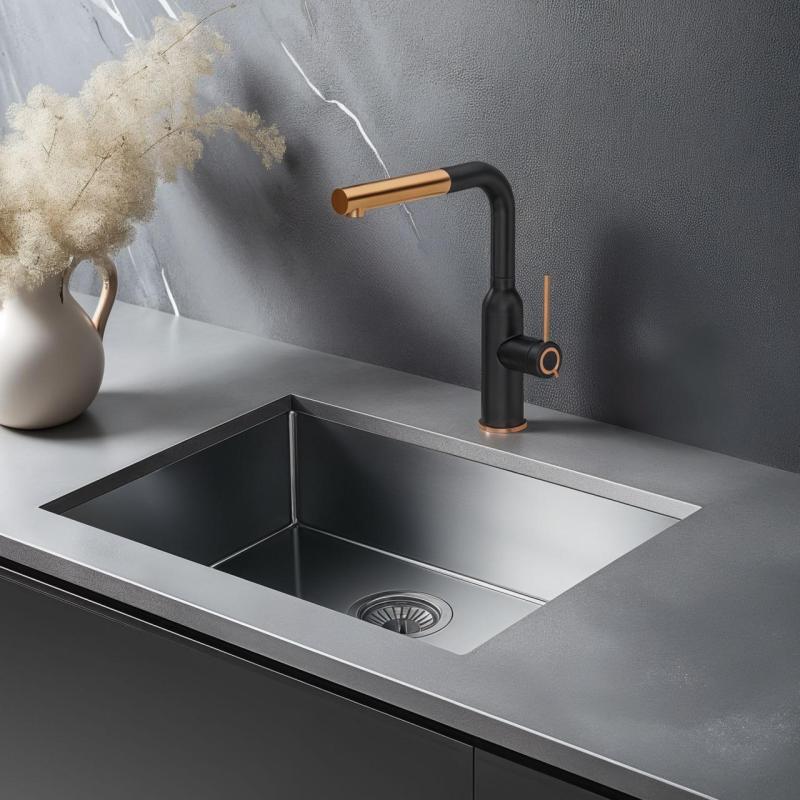 Quadri Stamford Robinet de Cuisine Noir avec Finition en Cuivre PVD et Bec Amovible 1208967689
