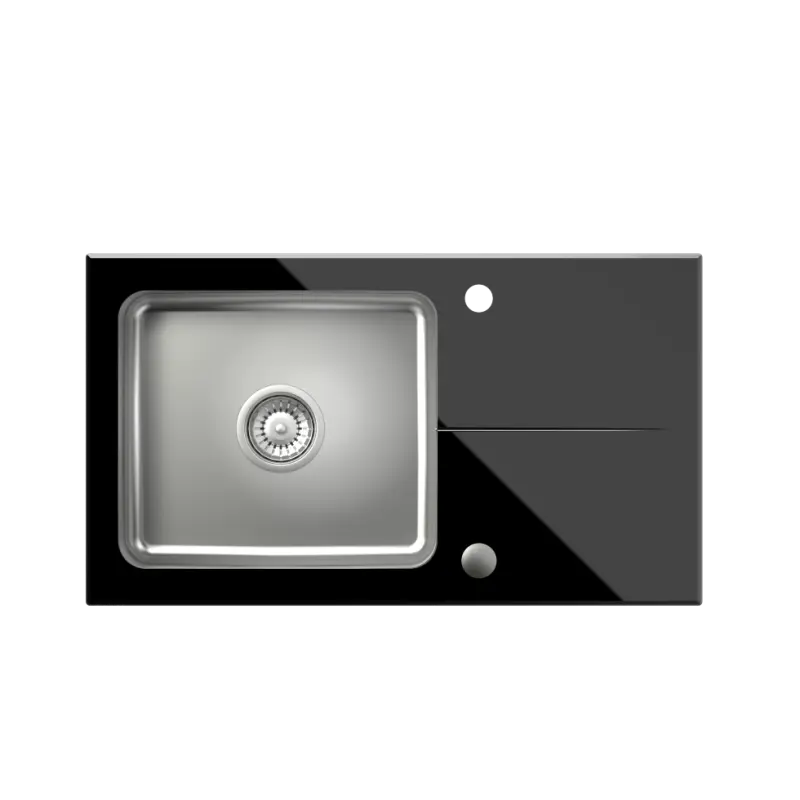 Set Quadri Glazz avec robinet de cuisine et évier encastrable en inox avec égouttoir en verre noir - 77x44cm réversible - 1208967734