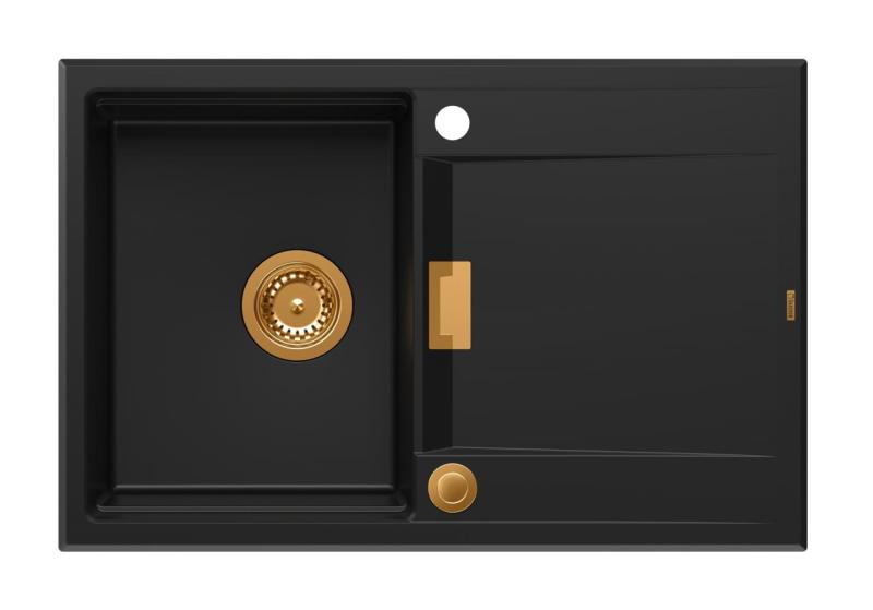 Quadri Minton Évier en Granit Noir à Poser 76x50cm avec Égouttoir Réversible et Bouchon en Cuivre 1208967740