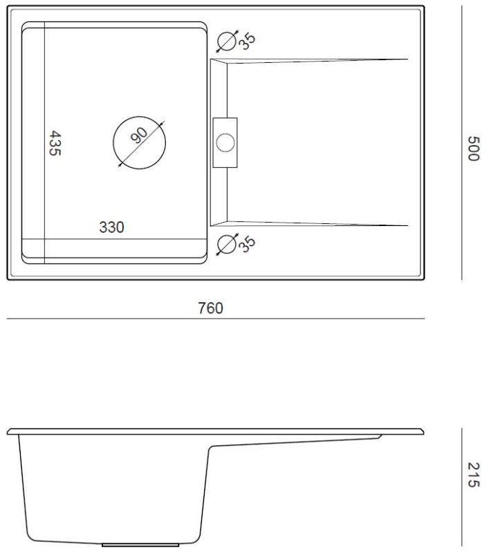 Quadri Minton Évier en Granit Gris à Poser 76x50cm avec Égouttoir Réversible et Bouchon en Cuivre - 1208967743