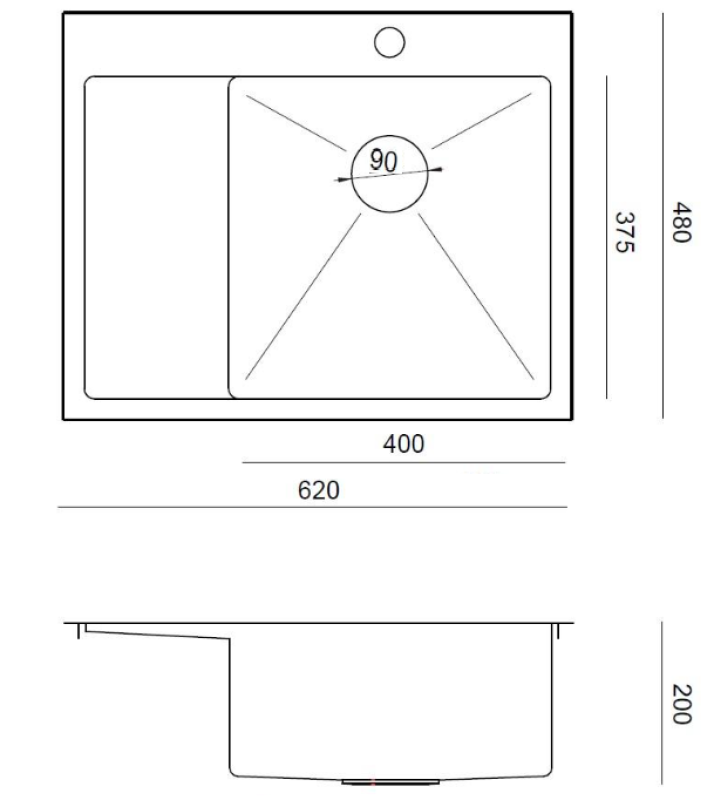 Design Aquatique Clara Évier Inox avec Bol à Droite 62x48cm Encastré ou à Encastrer avec Égouttoir, Banc pour Trou de Robinet et Bouchon en Inox - 1208967755