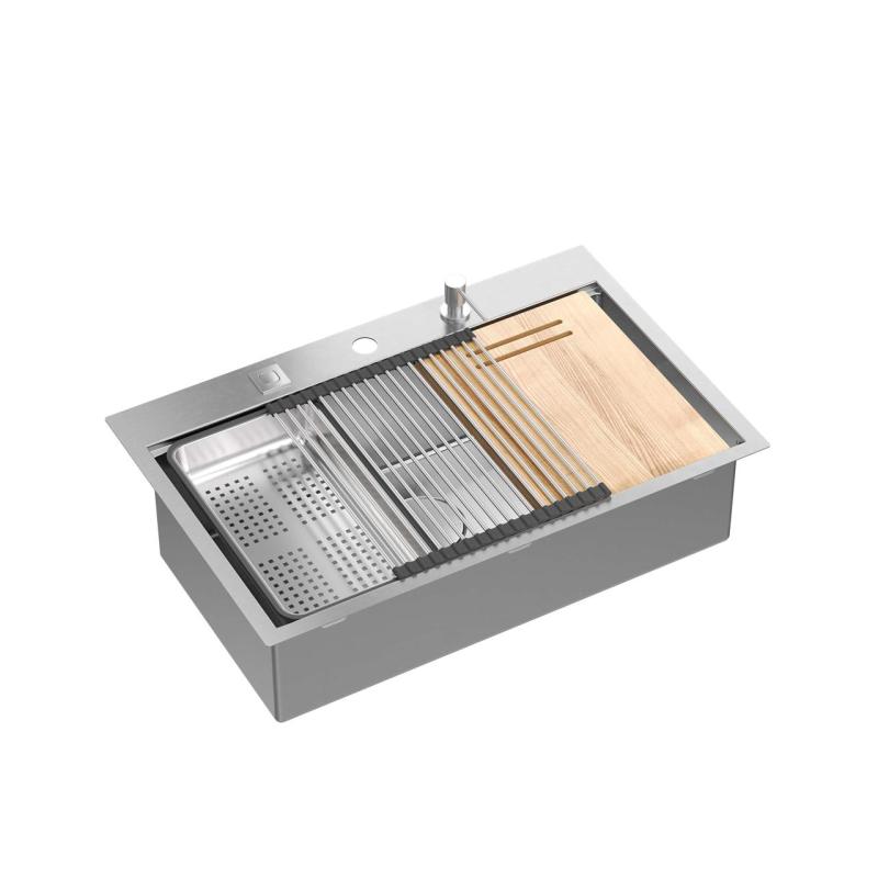 Aquadesign Vesta Évier en Inox 76x49cm Encastré et Posé avec Plage de Robinet, inclus Bouchon en Inox et Accessoires - 1208967762