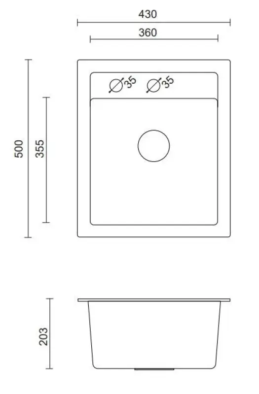 Quadri Londres Granit Gris Évier 43x50cm avec Zone pour Robinet et Bouchon en Inox - 1208967765