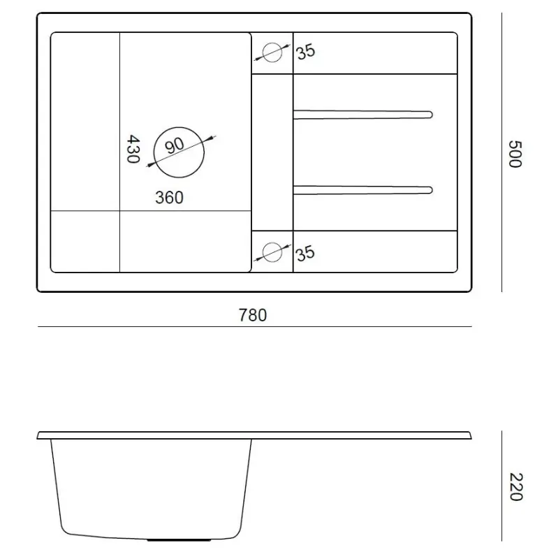 Évier sur plan Quadri Sheffield Anthracite en granit 78x50cm avec égouttoir et bouchon en inox - 1208967794