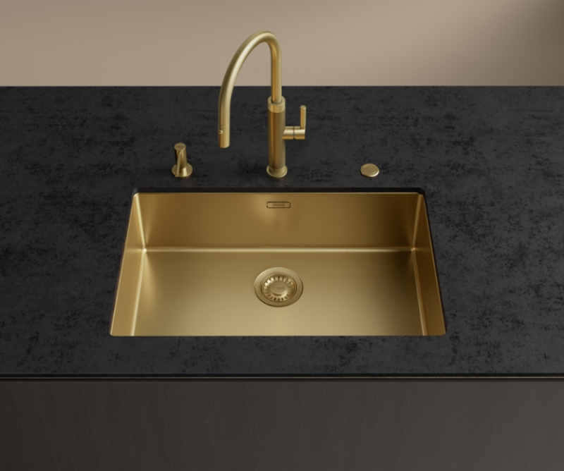 Franke Mythos Masterpiece Robinet de Cuisine Doré avec Bec en J et Douchette Extractible - 115.0711.558